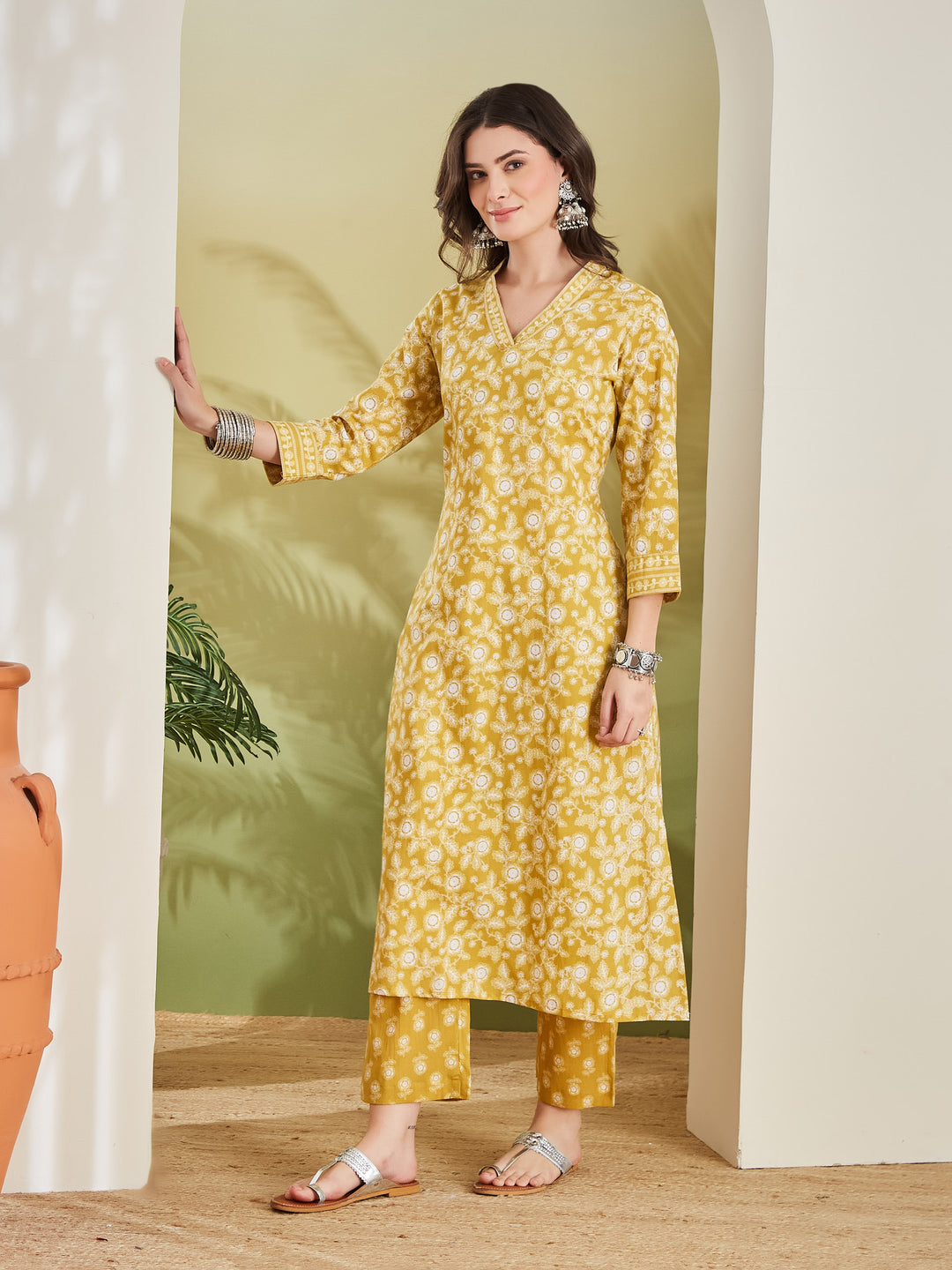 Divena Women Floral Printed Pure Cotton A-Line Yellow Kurta With Pants