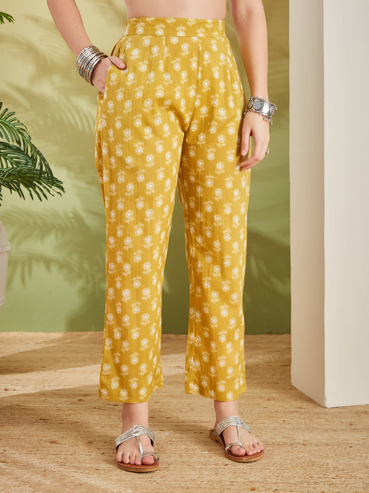 Divena Women Floral Printed Pure Cotton A-Line Yellow Kurta With Pants