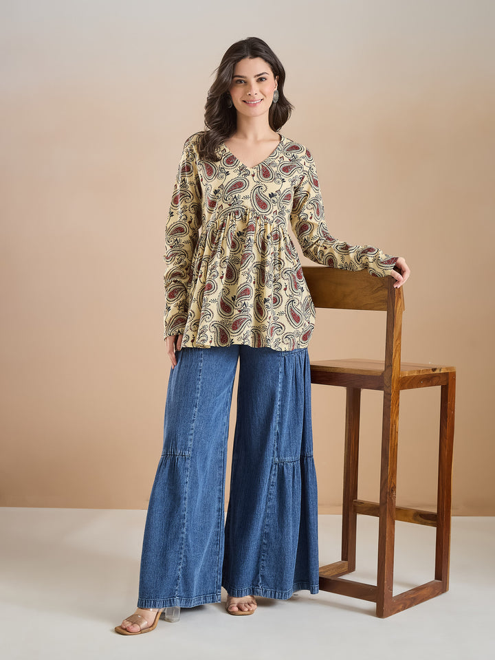Divena Paisley Print Pure Cotton Peplum Fit Cream Top