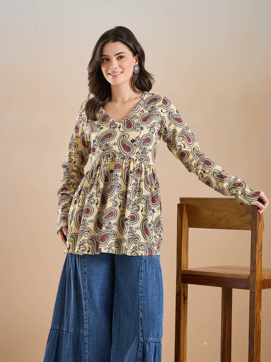 Divena Paisley Print Pure Cotton Peplum Fit Cream Top