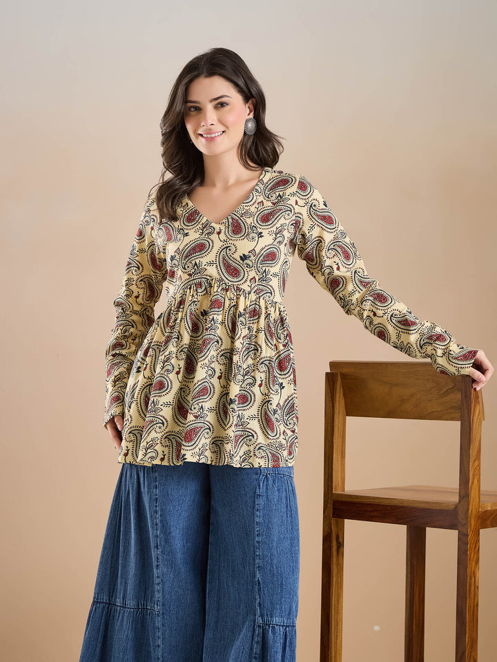 Divena Paisley Print Pure Cotton Peplum Fit Cream Top