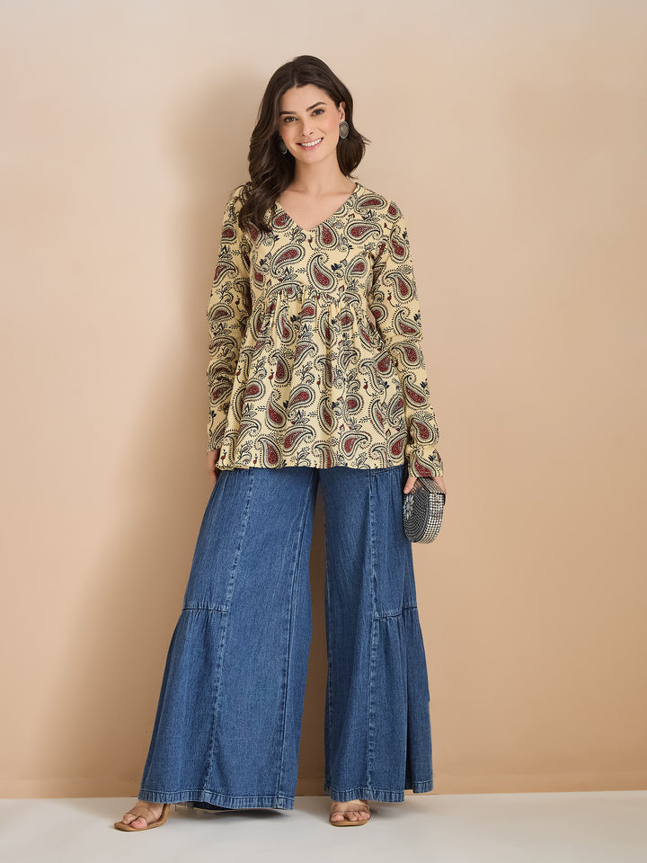 Divena Paisley Print Pure Cotton Peplum Fit Cream Top