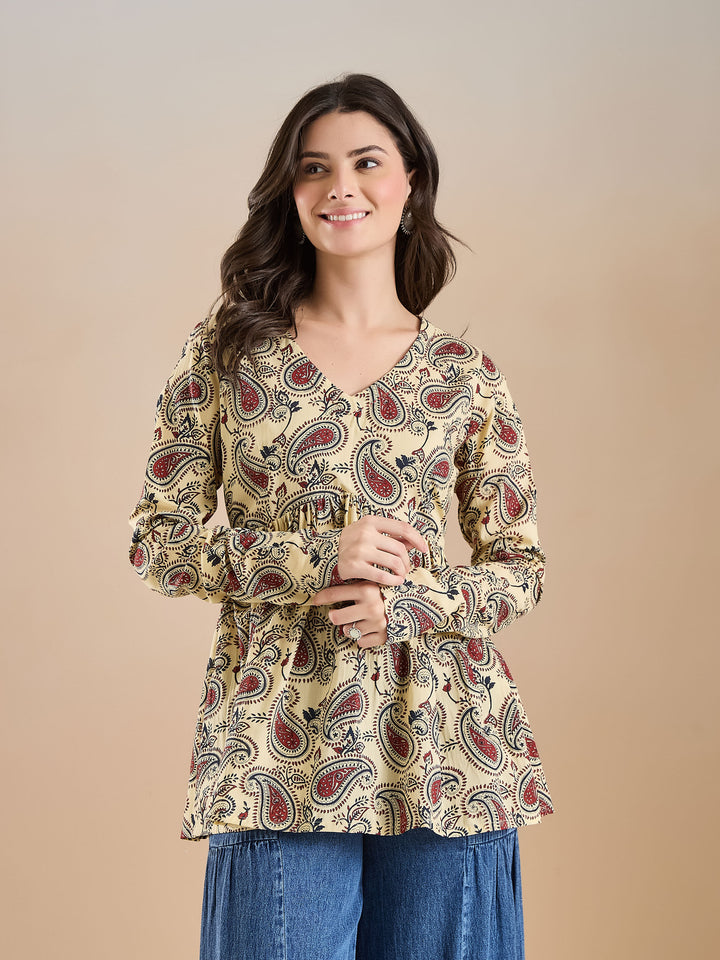 Divena Paisley Print Pure Cotton Peplum Fit Cream Top