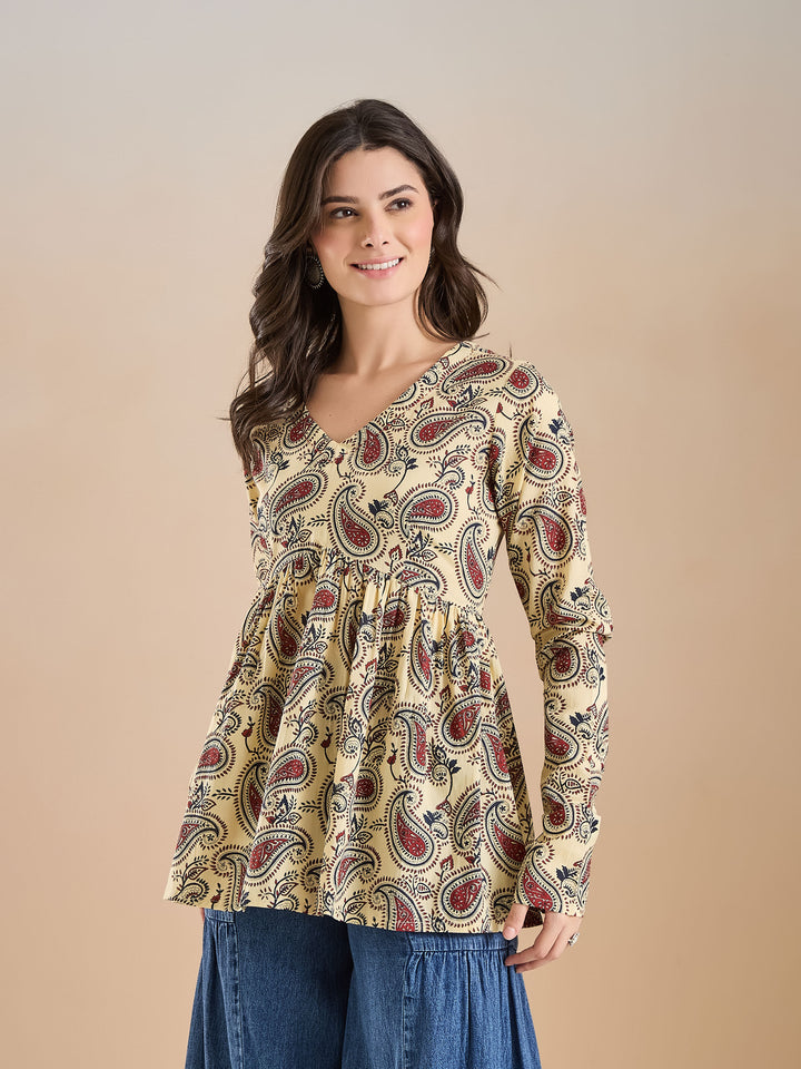 Divena Paisley Print Pure Cotton Peplum Fit Cream Top