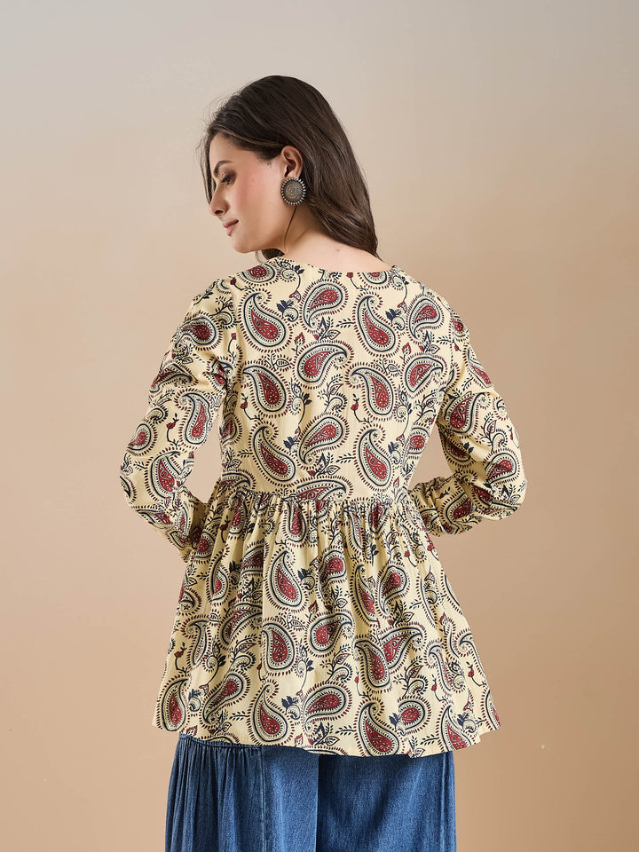 Divena Paisley Print Pure Cotton Peplum Fit Cream Top