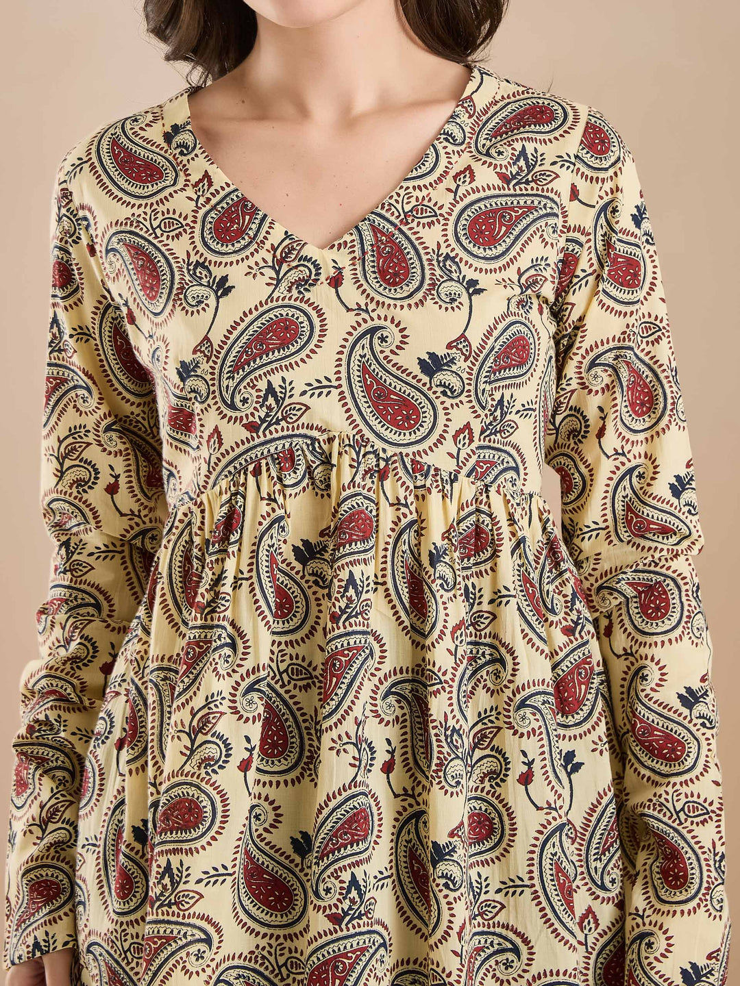 Divena Paisley Print Pure Cotton Peplum Fit Cream Top