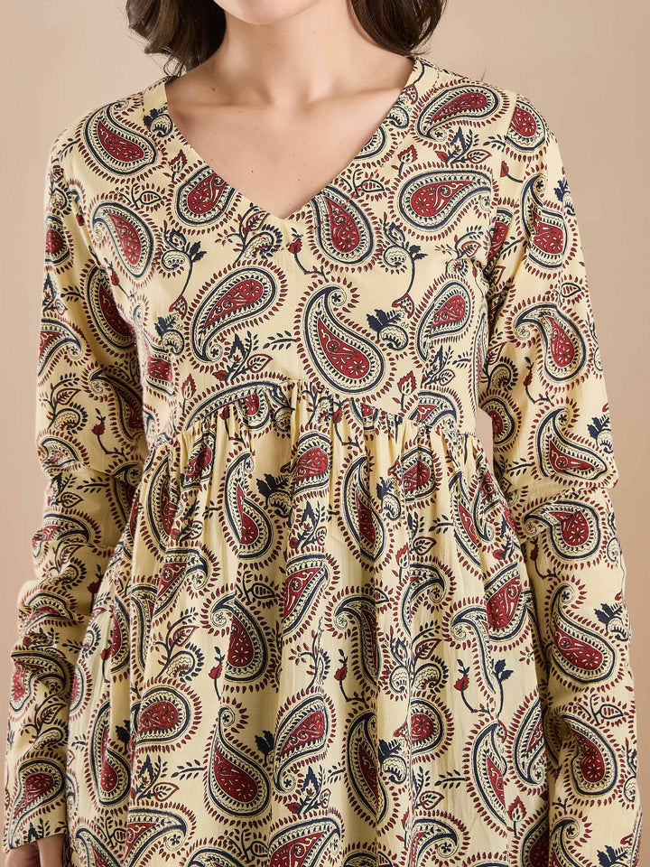 Divena Paisley Print Pure Cotton Peplum Fit Cream Top