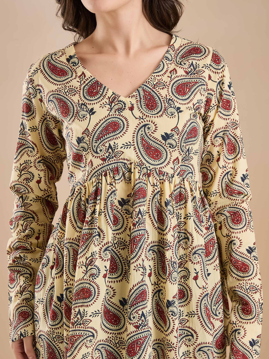 Divena Paisley Print Pure Cotton Peplum Fit Cream Top