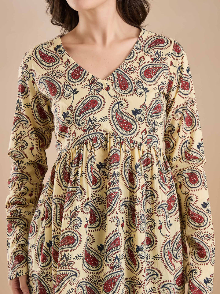 Divena Paisley Print Pure Cotton Peplum Fit Cream Top