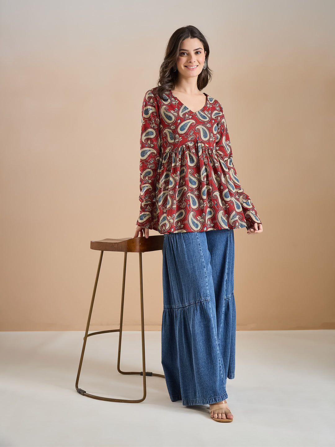 Divena Floral Print Pure Cotton Peplum Fit Maroon Top