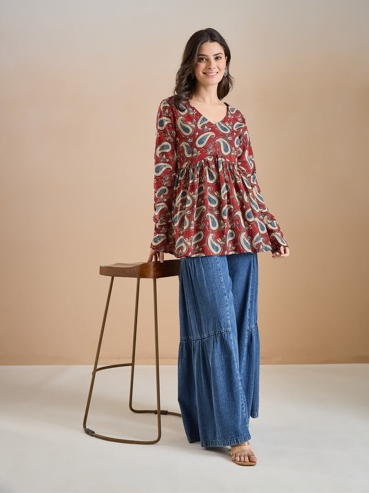 Divena Floral Print Pure Cotton Peplum Fit Maroon Top