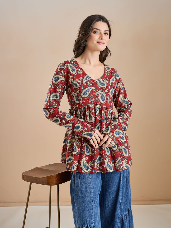 Divena Floral Print Pure Cotton Peplum Fit Maroon Top