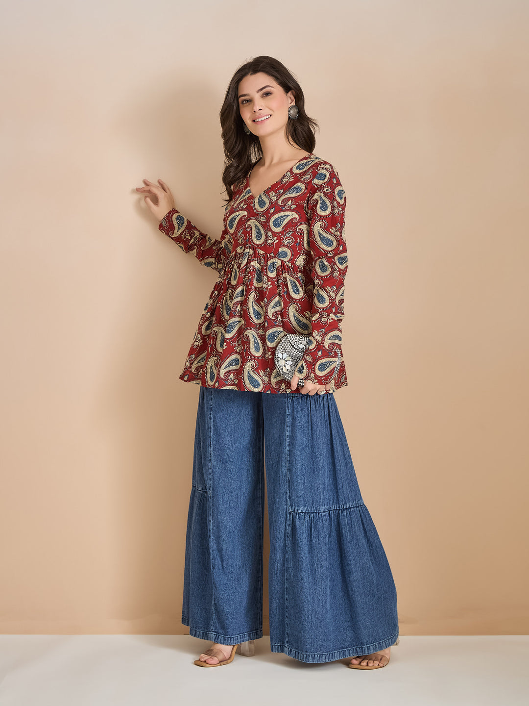 Divena Floral Print Pure Cotton Peplum Fit Maroon Top