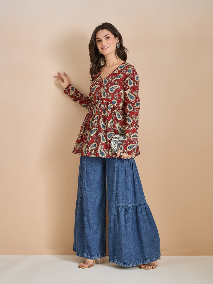 Divena Floral Print Pure Cotton Peplum Fit Maroon Top