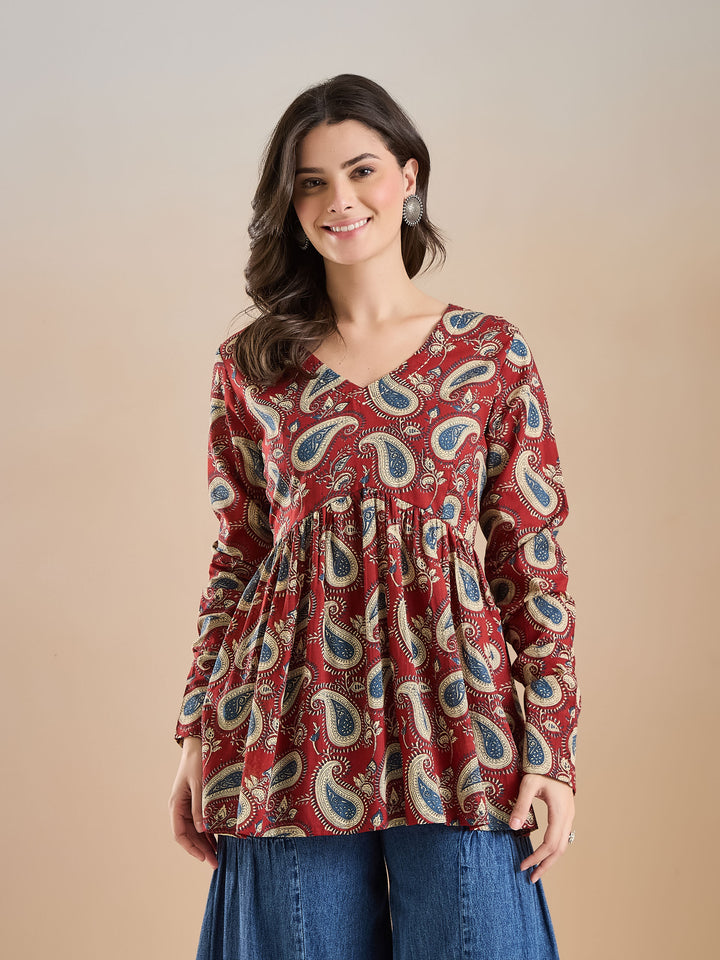 Divena Floral Print Pure Cotton Peplum Fit Maroon Top