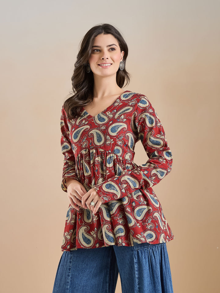 Divena Floral Print Pure Cotton Peplum Fit Maroon Top