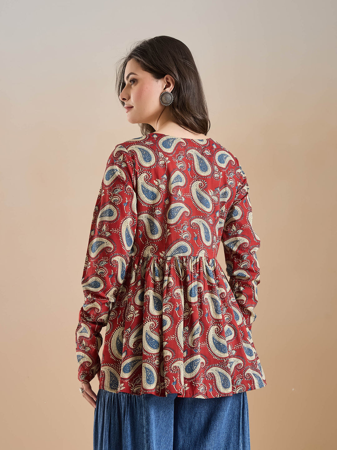 Divena Floral Print Pure Cotton Peplum Fit Maroon Top