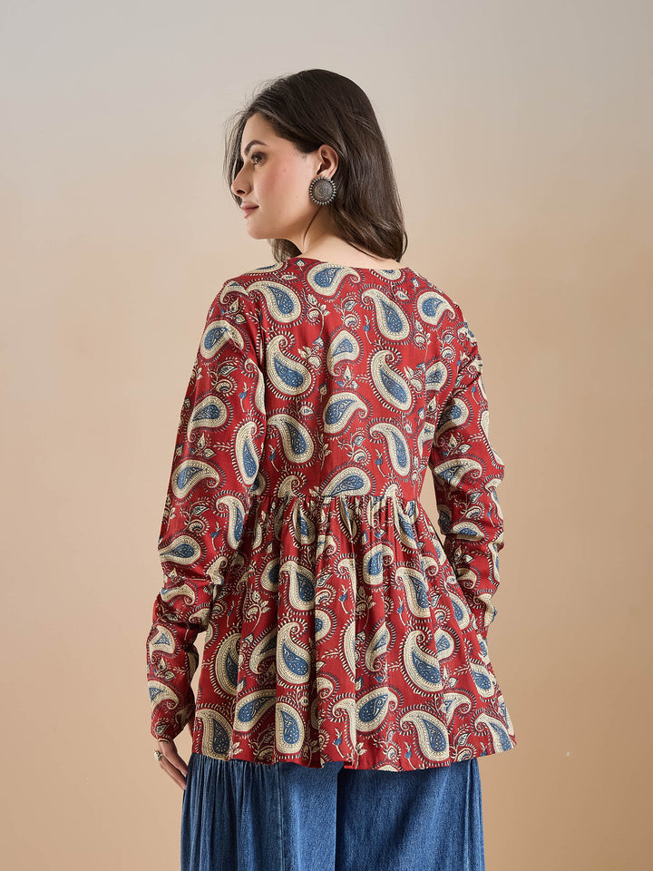 Divena Floral Print Pure Cotton Peplum Fit Maroon Top