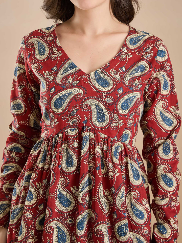 Divena Floral Print Pure Cotton Peplum Fit Maroon Top