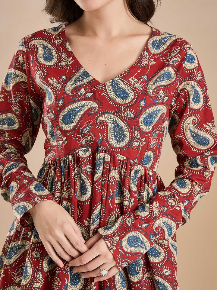 Divena Floral Print Pure Cotton Peplum Fit Maroon Top