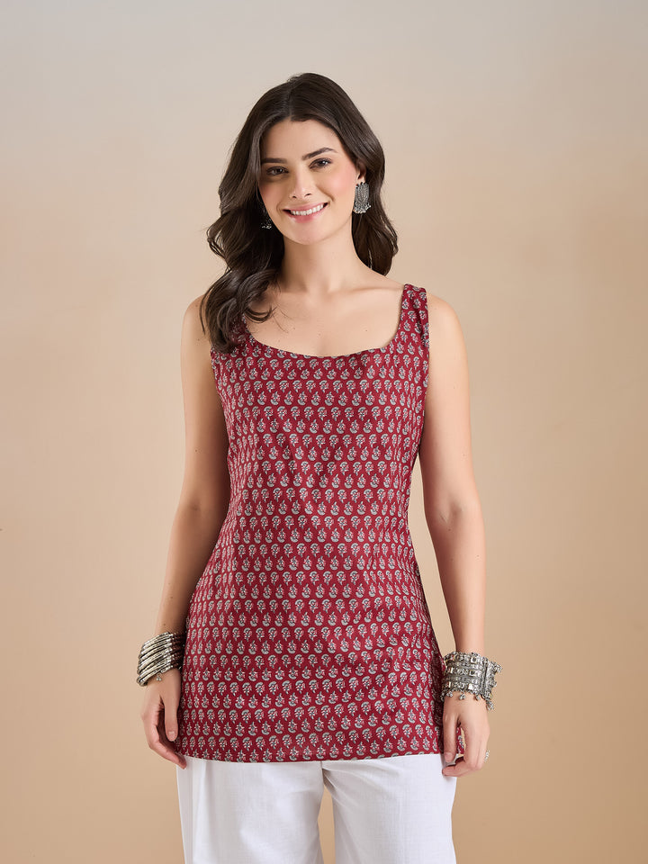 DIVENA Maroon Floral Printed Sleeveless Top