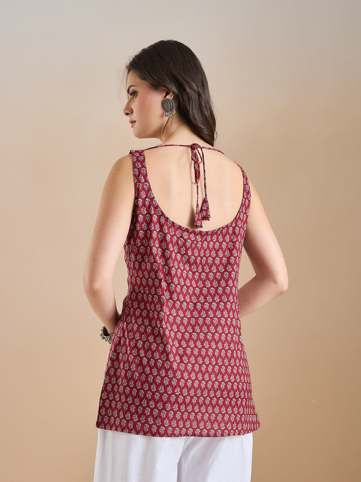 DIVENA Maroon Floral Printed Sleeveless Top