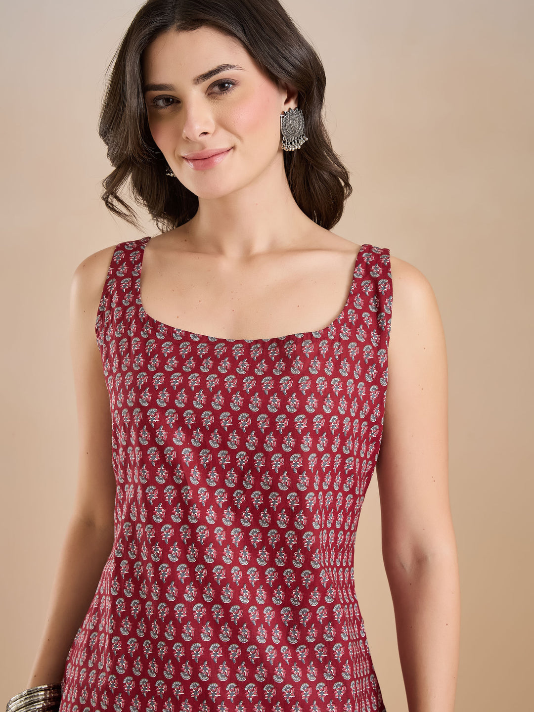 DIVENA Maroon Floral Printed Sleeveless Top