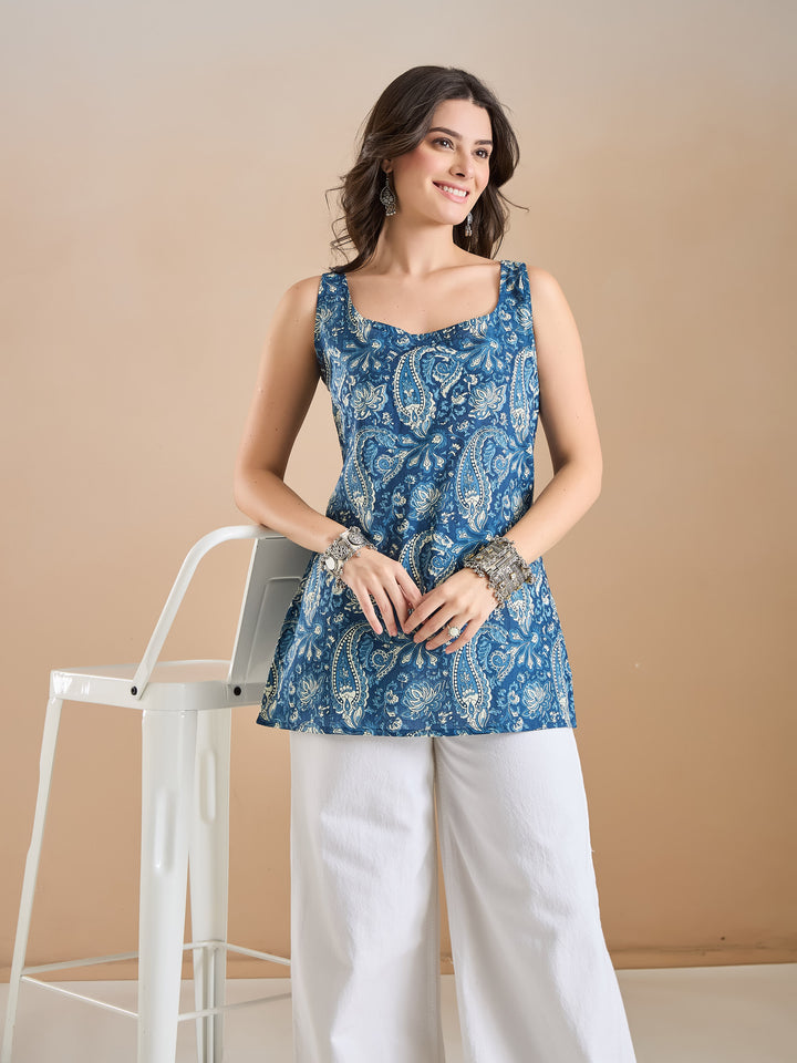 DIVENA Indigo Paisley Printed Cotton Ethnic Top