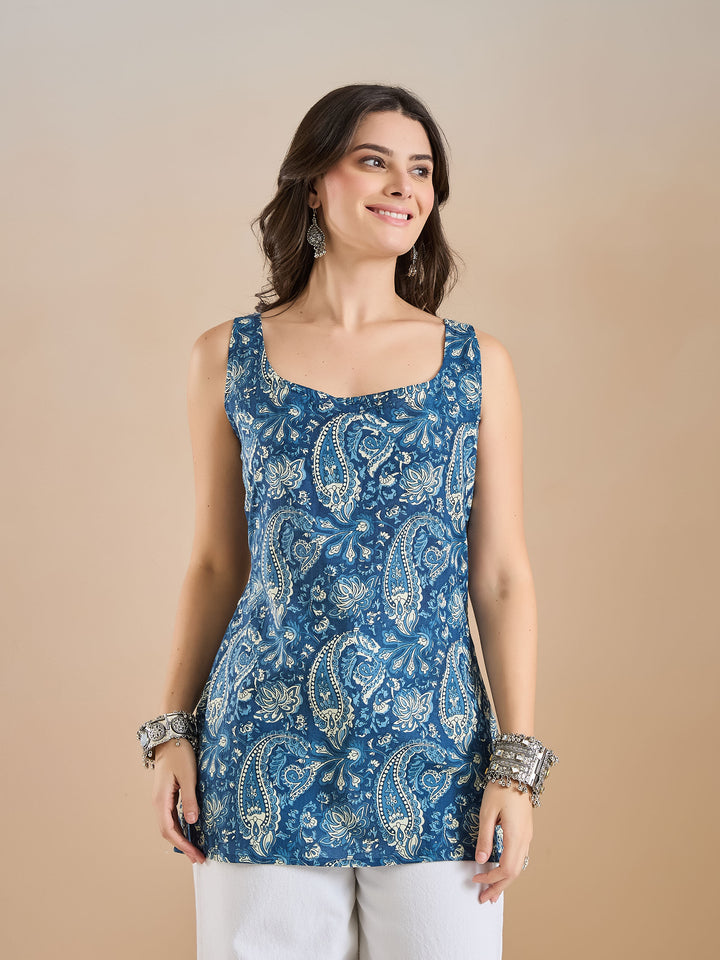 DIVENA Indigo Paisley Printed Cotton Ethnic Top