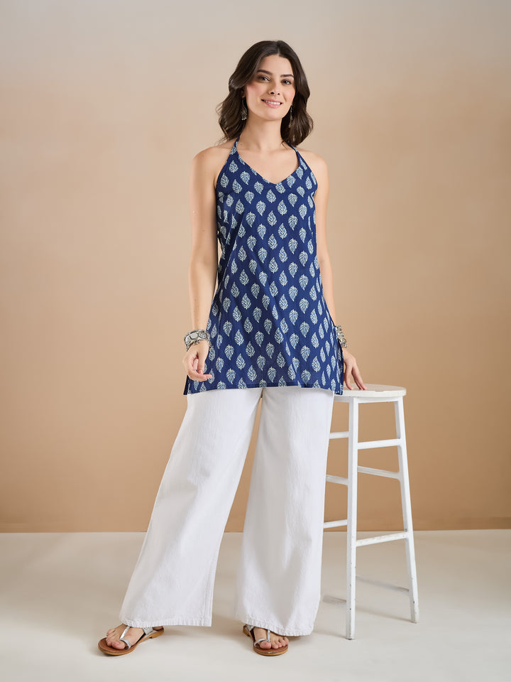 DIVENA Indigo Leaf Printed Cotton Halter Neck Top