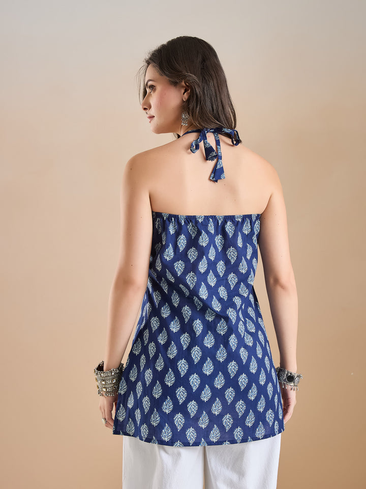 DIVENA Indigo Leaf Printed Cotton Halter Neck Top
