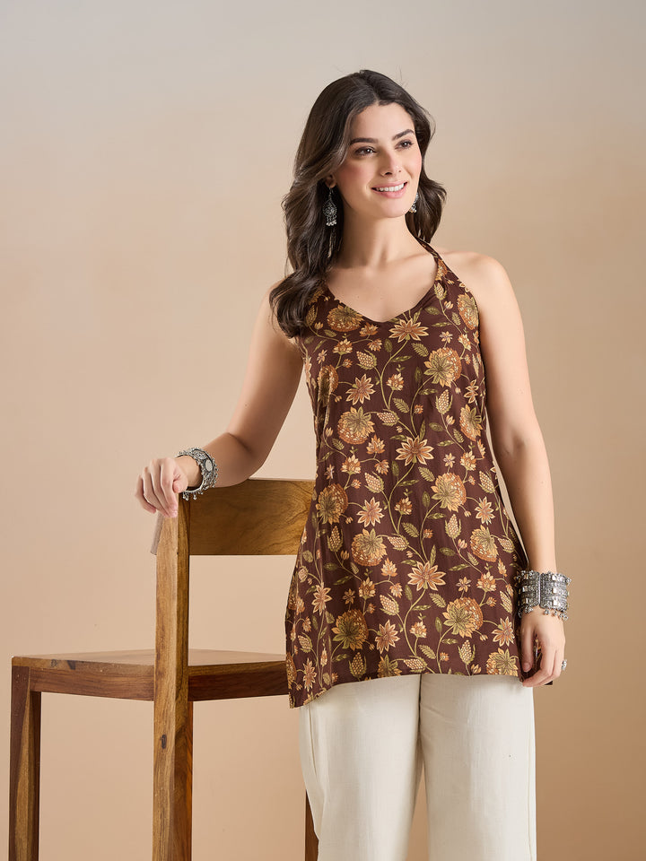Divena Women Floral Print Pure Cotton Brown Top
