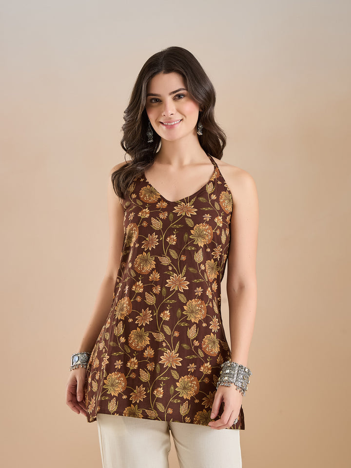 Divena Women Floral Print Pure Cotton Brown Top