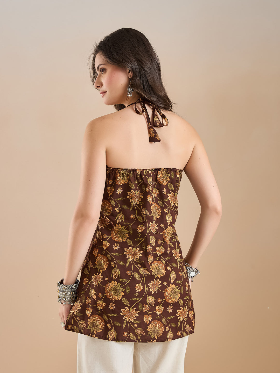 Divena Women Floral Print Pure Cotton Brown Top