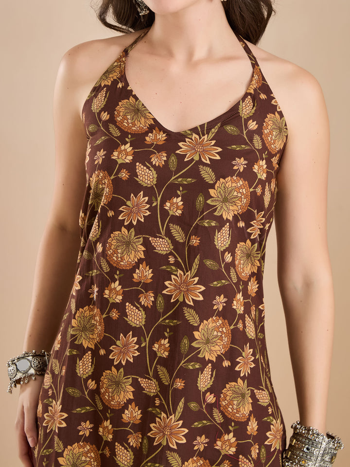 Divena Women Floral Print Pure Cotton Brown Top