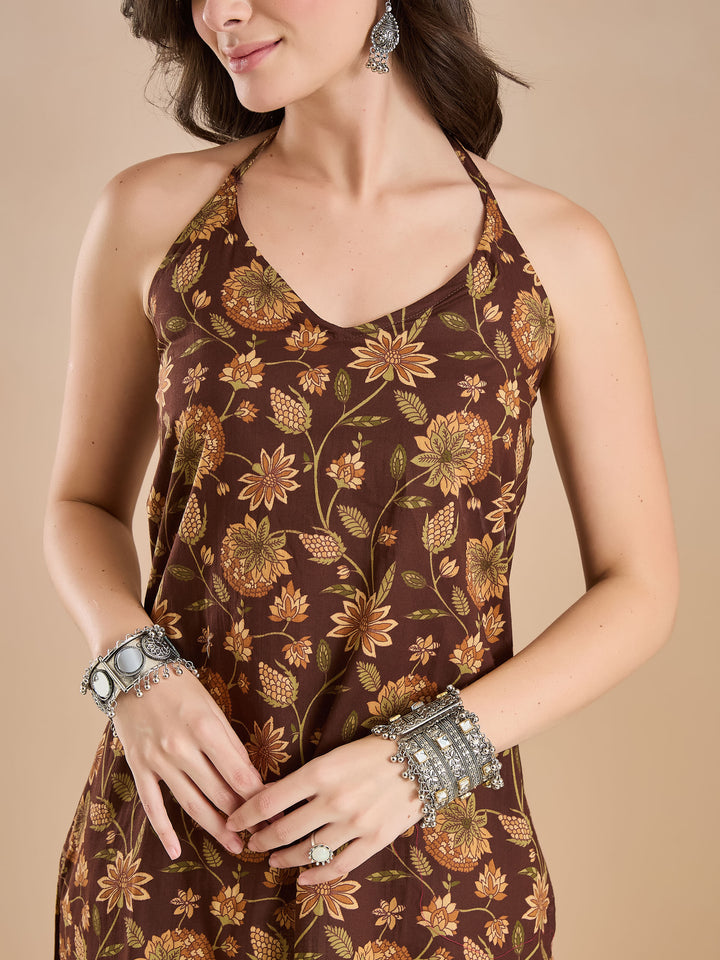 Divena Women Floral Print Pure Cotton Brown Top