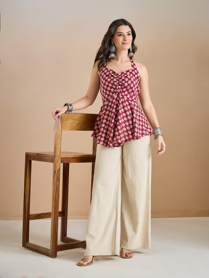 Divena Women Wine Floral Print Pure Cotton Halter Neck Peplum Top