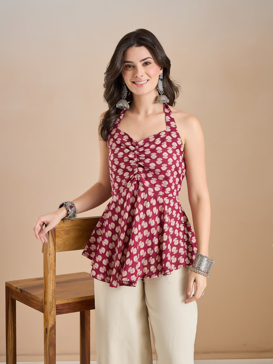 Divena Women Wine Floral Print Pure Cotton Halter Neck Peplum Top