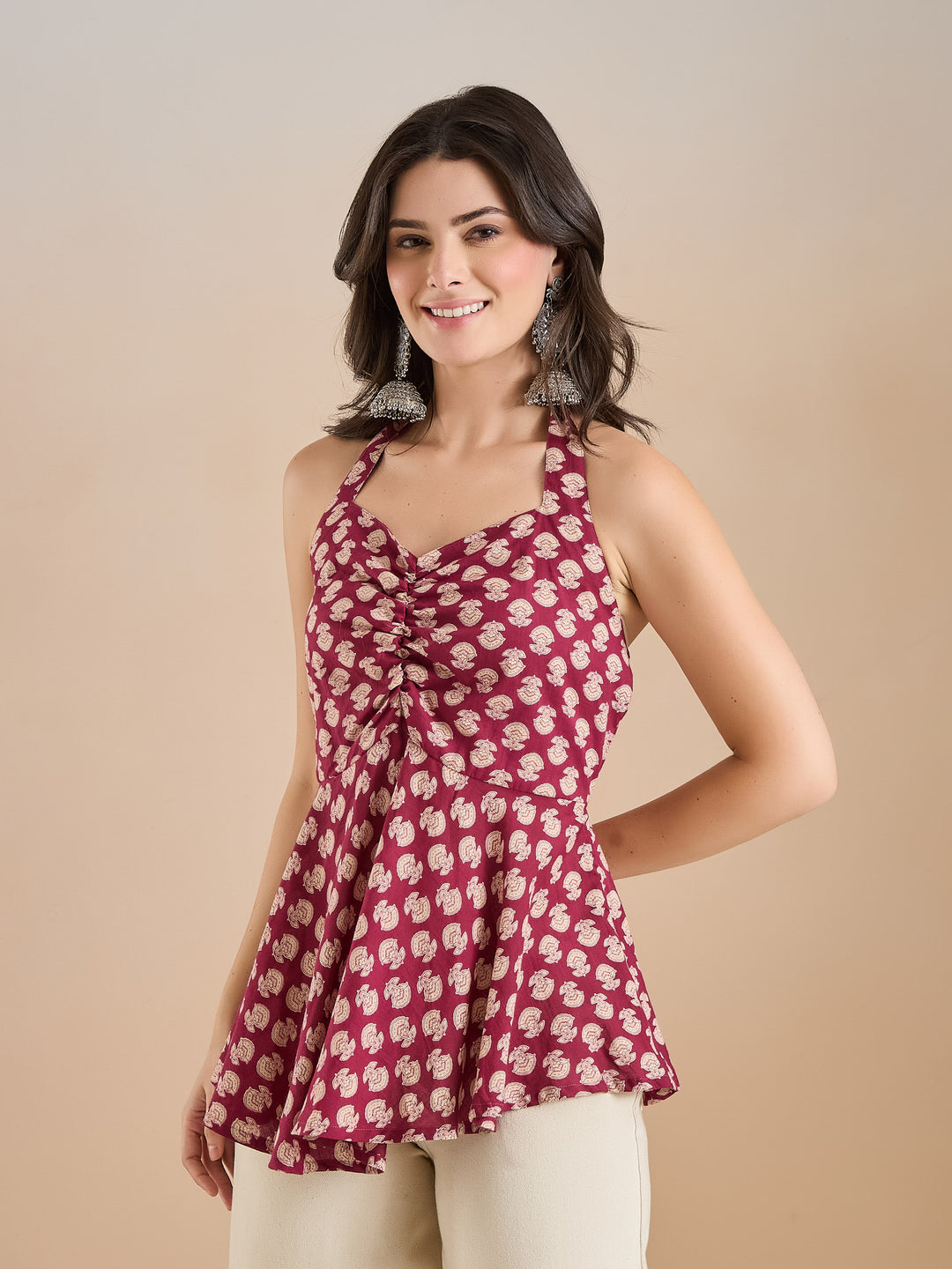 Divena Women Wine Floral Print Pure Cotton Halter Neck Peplum Top