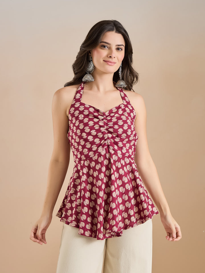 Divena Women Wine Floral Print Pure Cotton Halter Neck Peplum Top