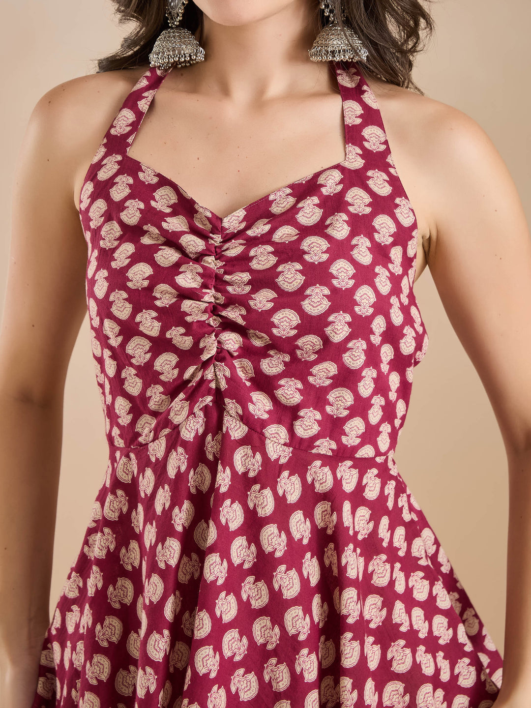 Divena Women Wine Floral Print Pure Cotton Halter Neck Peplum Top