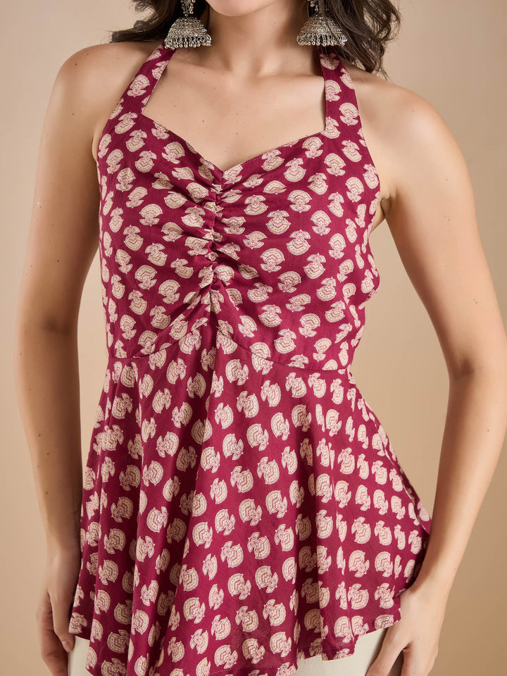 Divena Women Wine Floral Print Pure Cotton Halter Neck Peplum Top