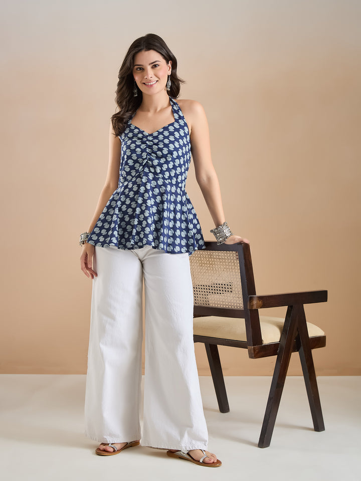 Divena Women Floral Print Pure Cotton Peplum Fit Blue Top