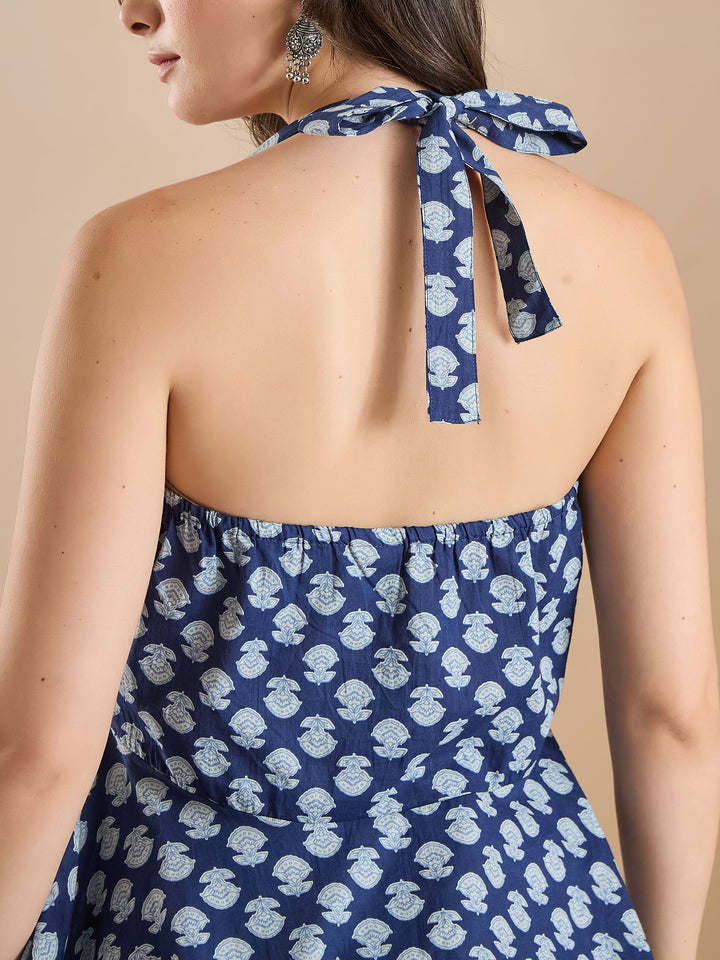 Divena Women Floral Print Pure Cotton Peplum Fit Blue Top