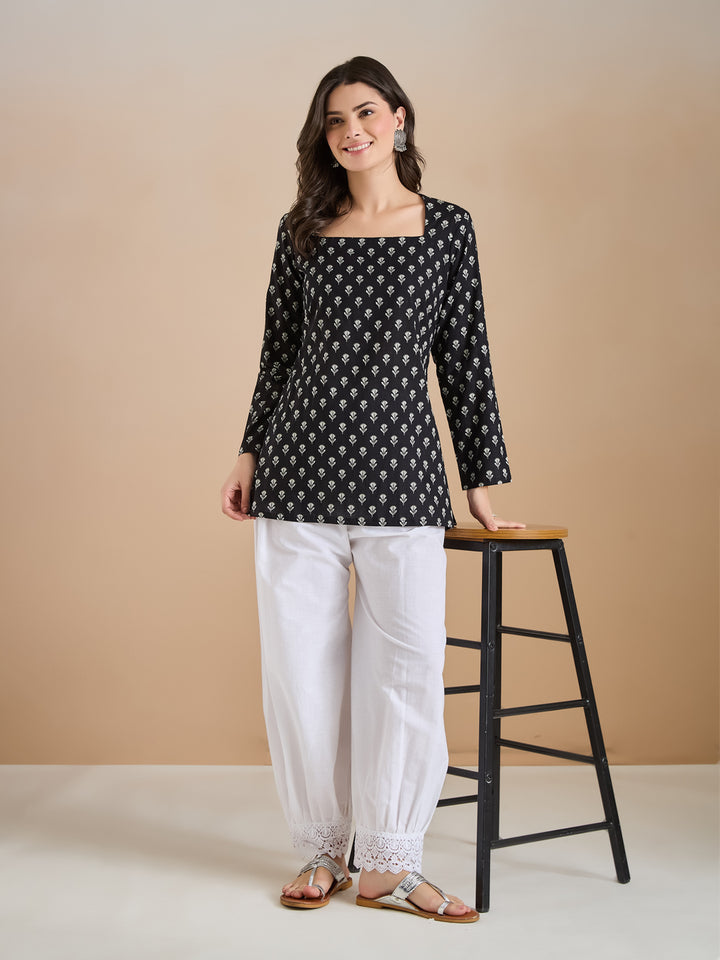 Divena Women Ethnic Motif Print Pure Cotton Black Top