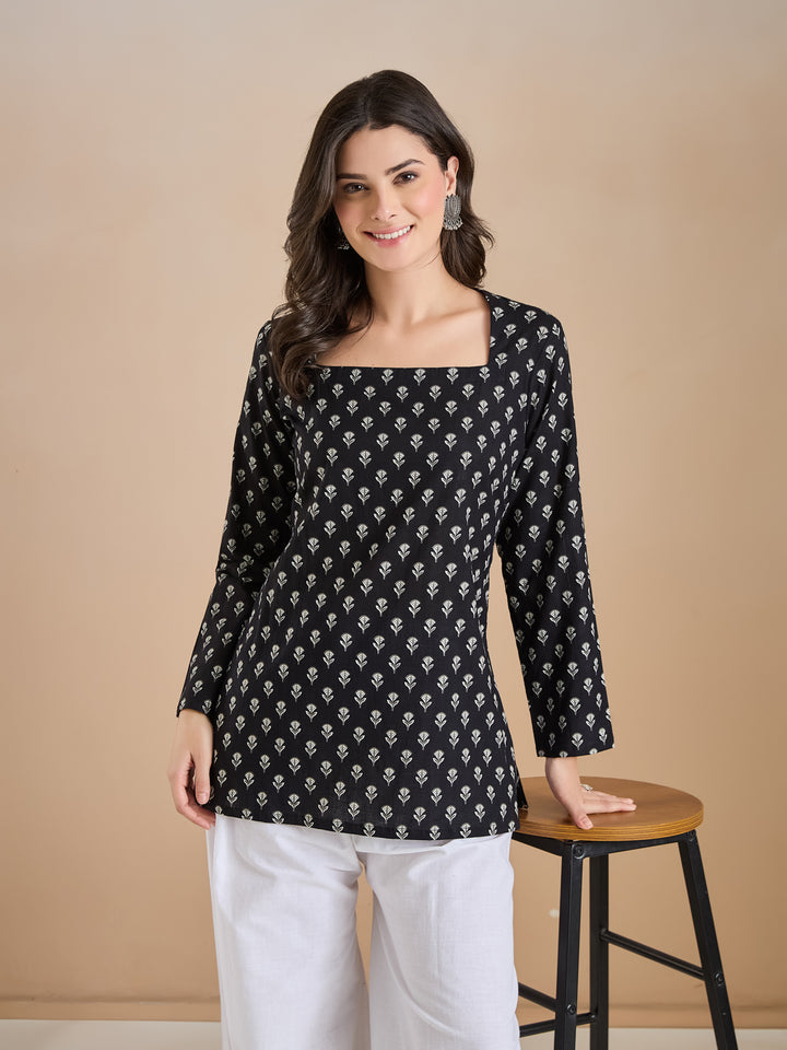 Divena Women Ethnic Motif Print Pure Cotton Black Top