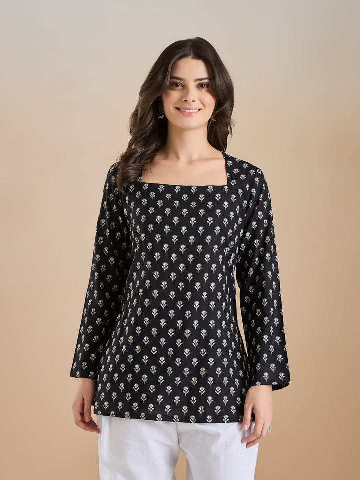 Divena Women Ethnic Motif Print Pure Cotton Black Top