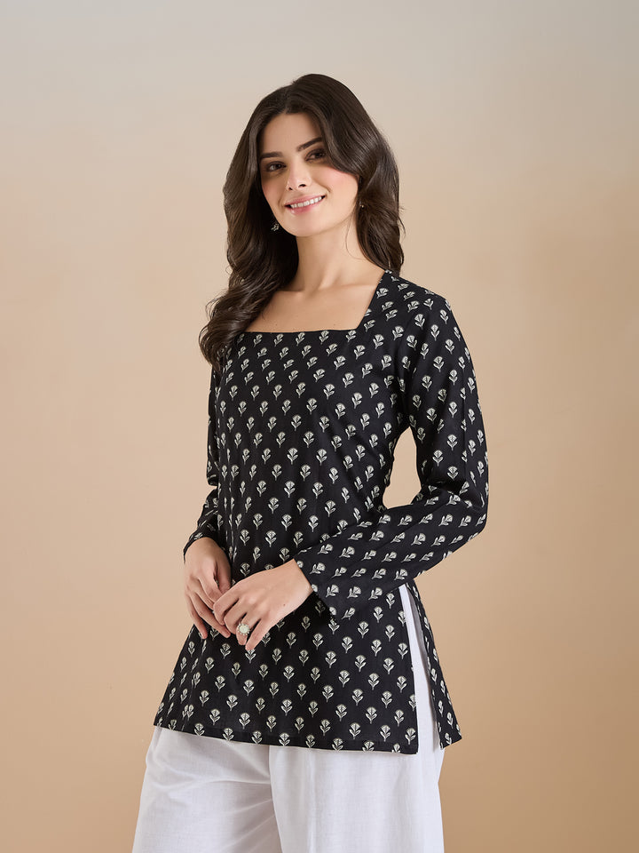 Divena Women Ethnic Motif Print Pure Cotton Black Top