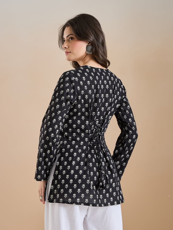 Divena Women Ethnic Motif Print Pure Cotton Black Top
