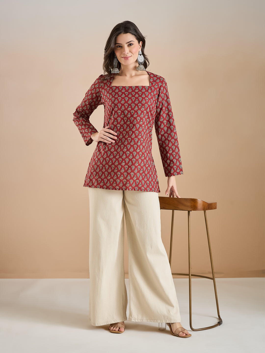Divena Women Floral Print Pure Cotton Straight Fit Maroon Top
